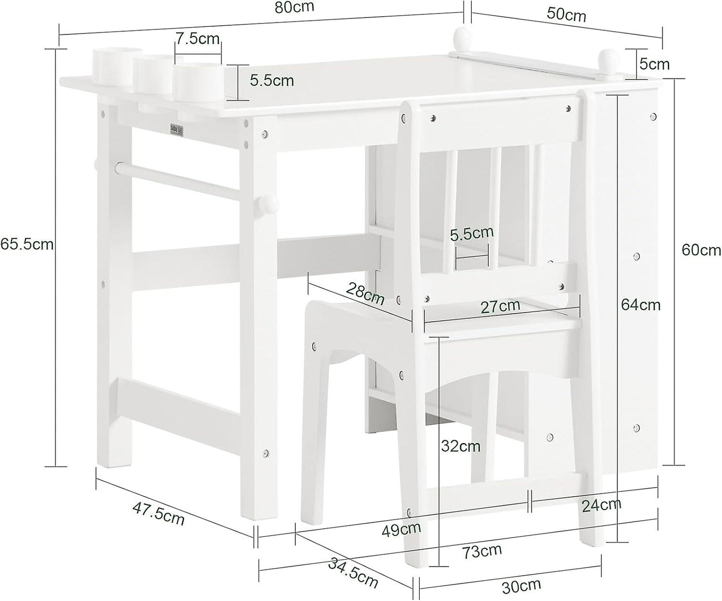 SoBuy Kinderbureau en Stoel Set – Papierrolhouder – 80 x 54 x 65,5 cm – Wit