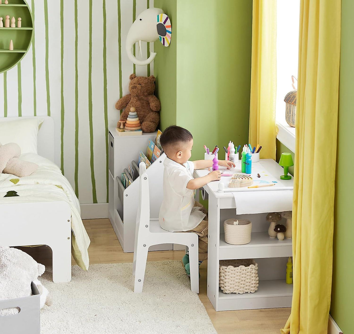 SoBuy Kinderbureau en Stoel Set – Papierrolhouder – 80 x 54 x 65,5 cm – Wit