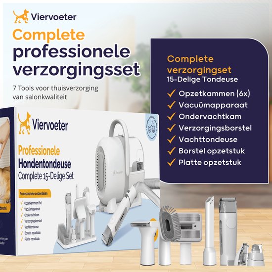 Viervoeter® Professionele 15 Delige Hondentondeuse met stofzuiger - Voor dikke vacht - Zuigen & Trimmen - Verzorginsset - Katten en Honden