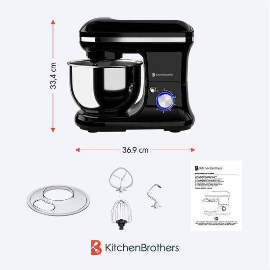 KitchenBrothers Keukenmachine & Mixer – 1200W – 5L RVS Mengkom – 6 Snelheden & Pulse – 36,9 x 23,1 x 33,4 cm – Zwart