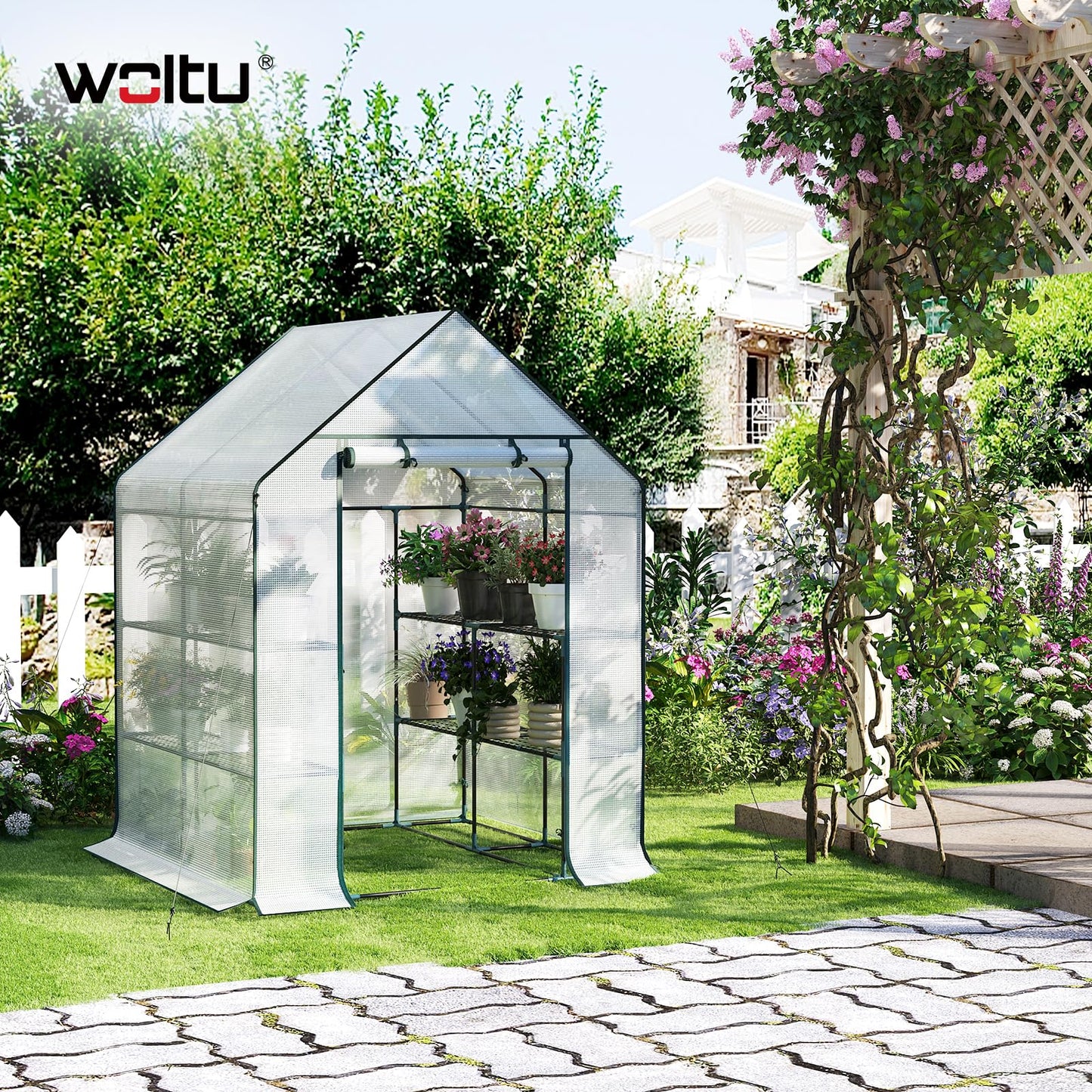 WOLTU tomatenkas - foliekas met 3 schappen - wit - 143 x 143 x 195 cm