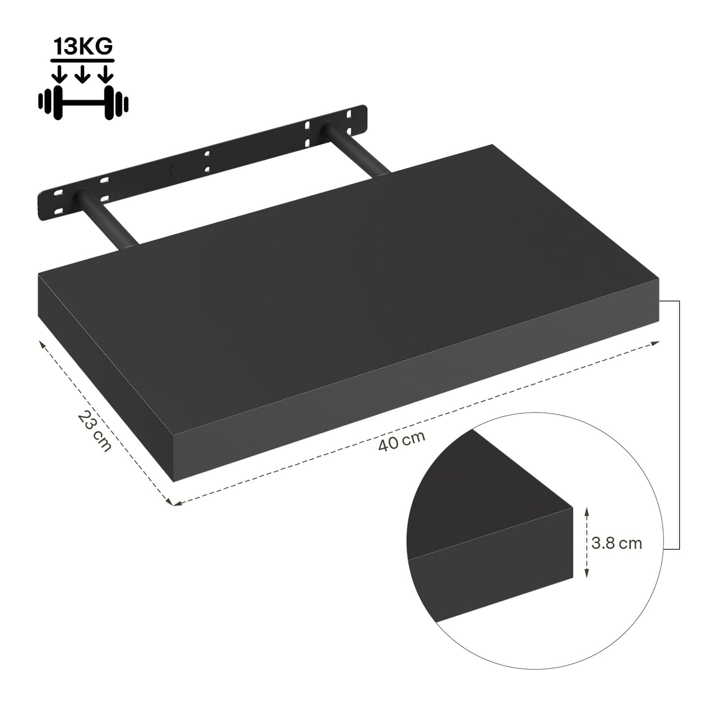 eSituro SWS0260 zwevende wandplank - wandrek - zwart mat MDF - 40 x 23 x 3,8 cm - draagkracht 10 kg