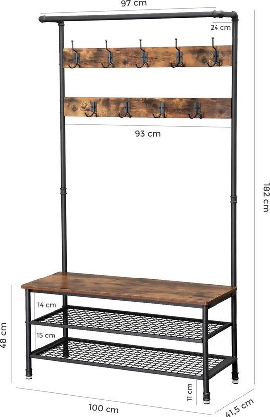 Goliving Kapstok XL – Garderoberek – Schoenenrek – Staand – Industriële kast – Metaal/Hout – 100 x 41.5 x 182 cm – Bruin/Zwart