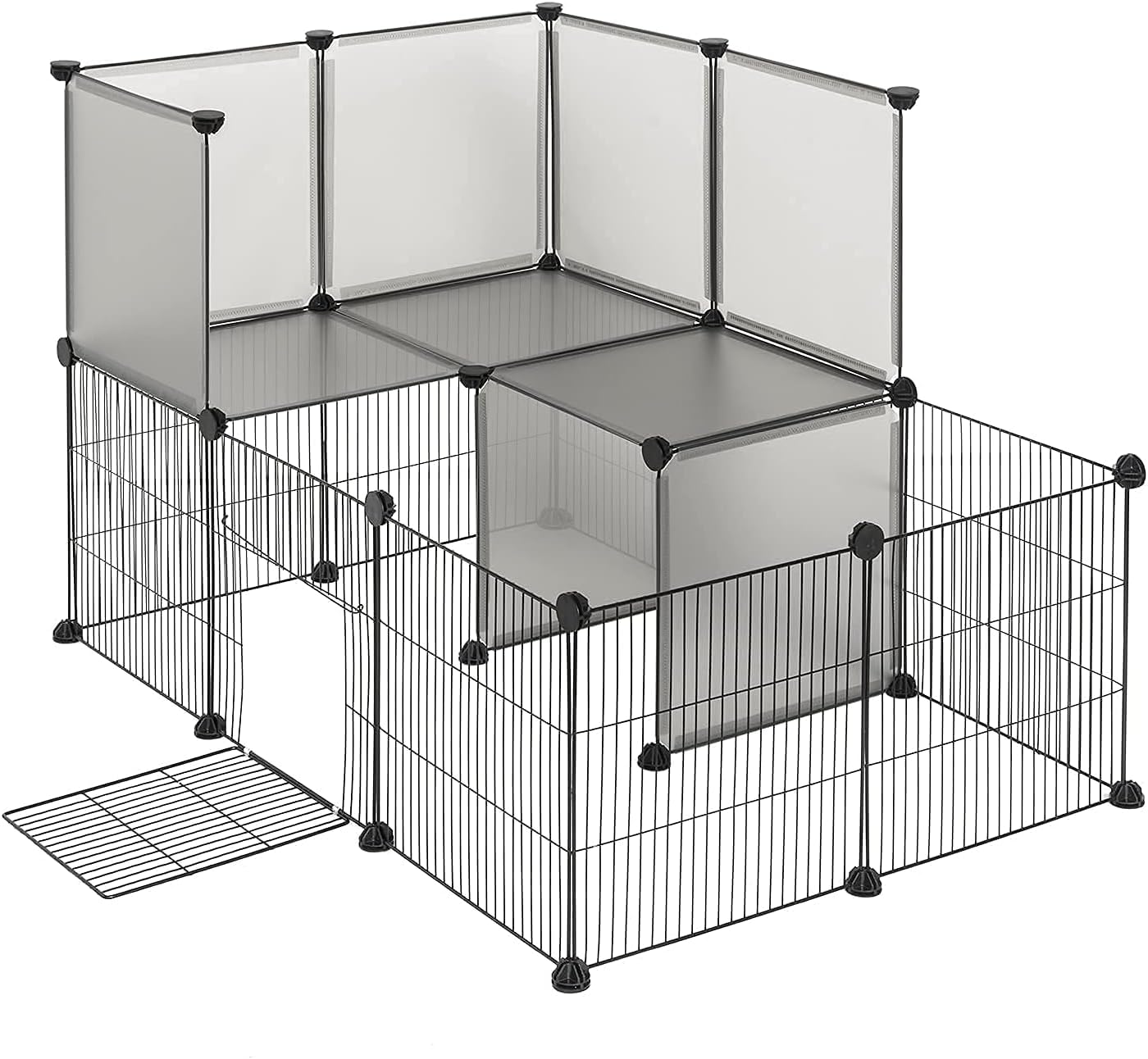 EUGAD dubbele verdieping dierenren - modulaire puppy en knaagdier ren met deur - grijs - 107 x 72 x 72 cm - panelen 35 x 35 cm