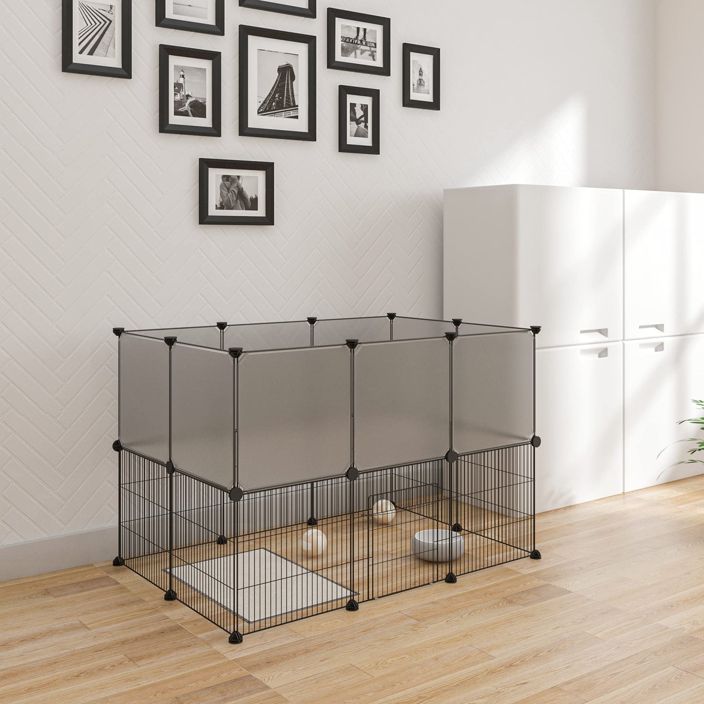 EUGAD dubbele verdieping dierenren - modulaire puppy en knaagdier ren met deur - grijs - 107 x 72 x 72 cm - panelen 35 x 35 cm