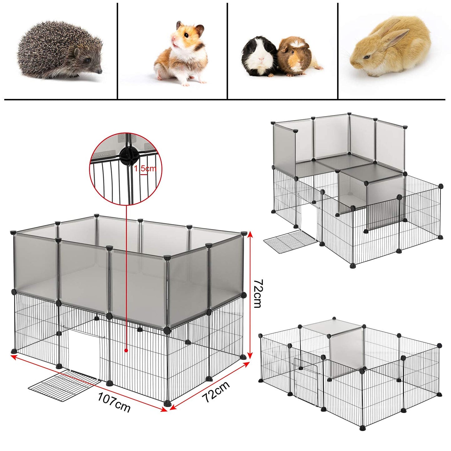 EUGAD dubbele verdieping dierenren - modulaire puppy en knaagdier ren met deur - grijs - 107 x 72 x 72 cm - panelen 35 x 35 cm