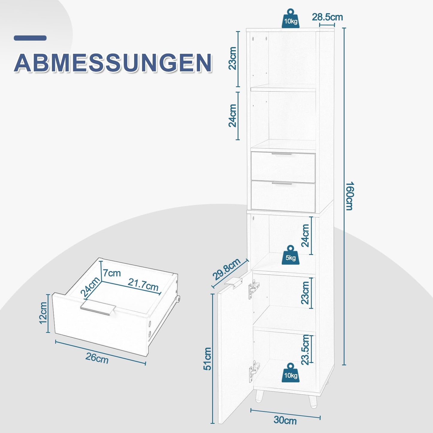 EUGAD badkamer hoge kast - hoogglans wit - vrijstaand - 30 x 160 x 28,5 cm