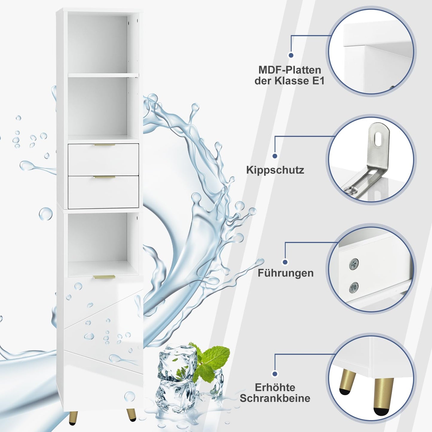 EUGAD badkamer hoge kast - hoogglans wit - vrijstaand - 30 x 160 x 28,5 cm