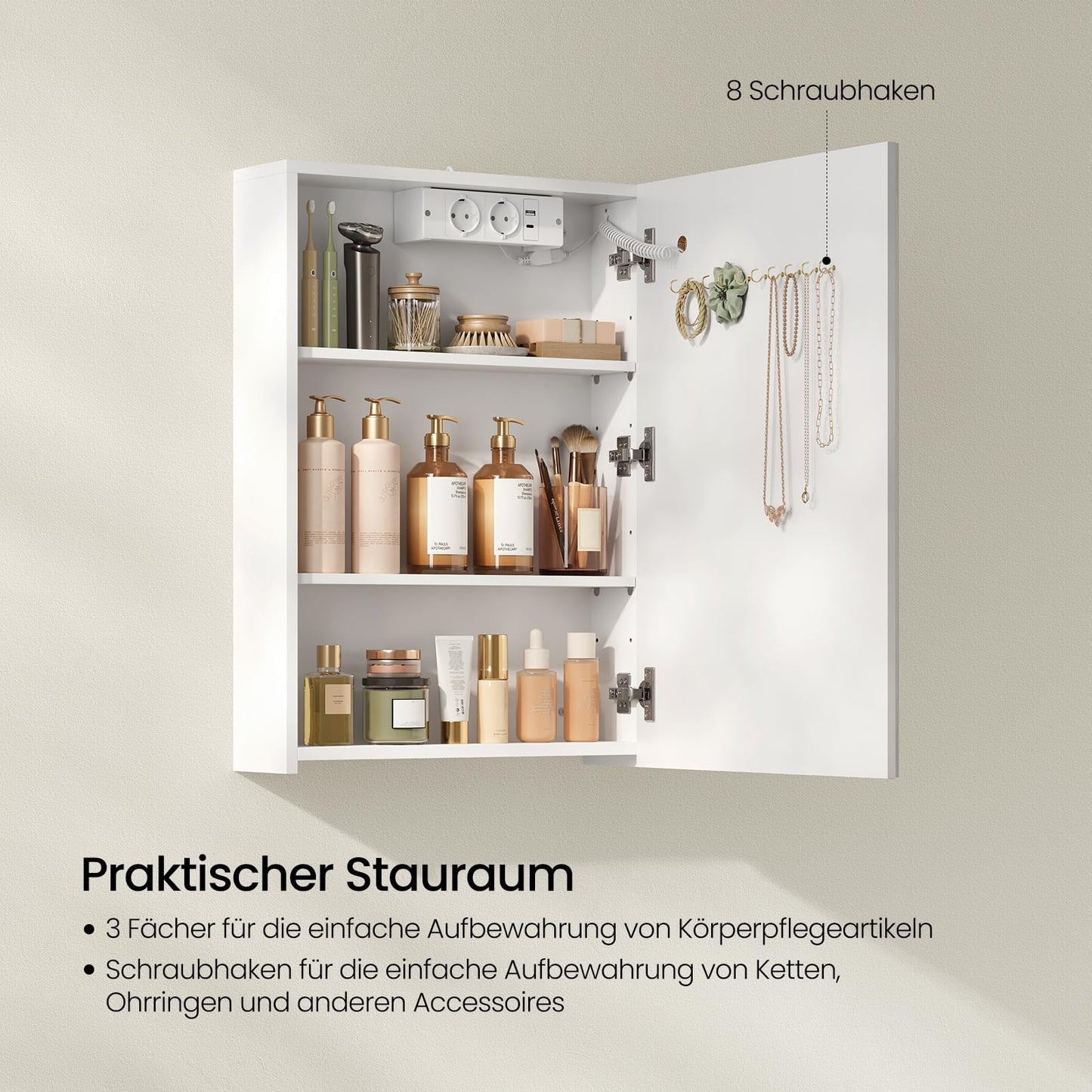 EUGAD badkamer spiegelkast - 1 spiegeldeur - 3 kleurtemperaturen - met stopcontact - wit - 50 x 70 x 14,5 cm