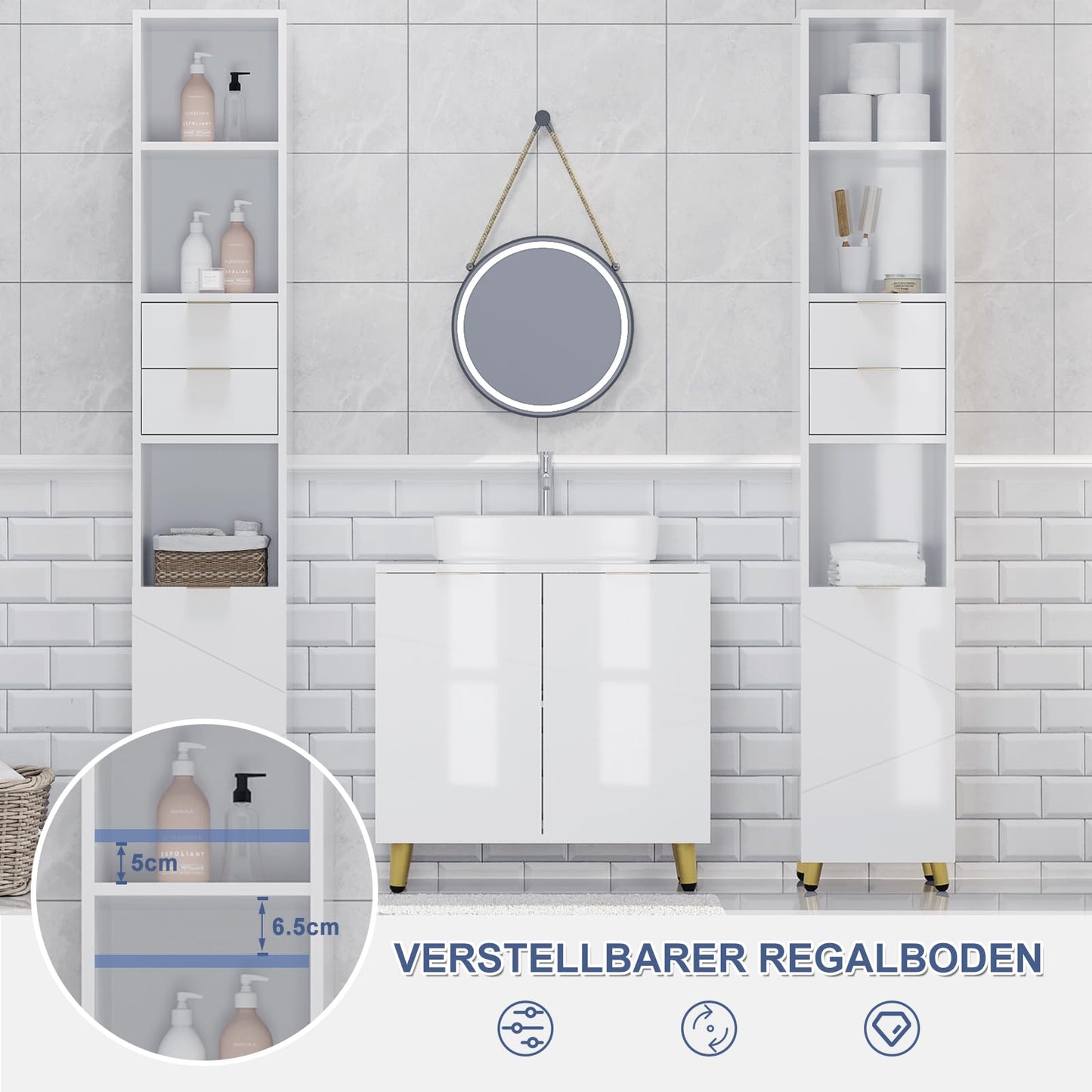 EUGAD badkamer hoge kast - hoogglans wit - vrijstaand - 30 x 160 x 28,5 cm