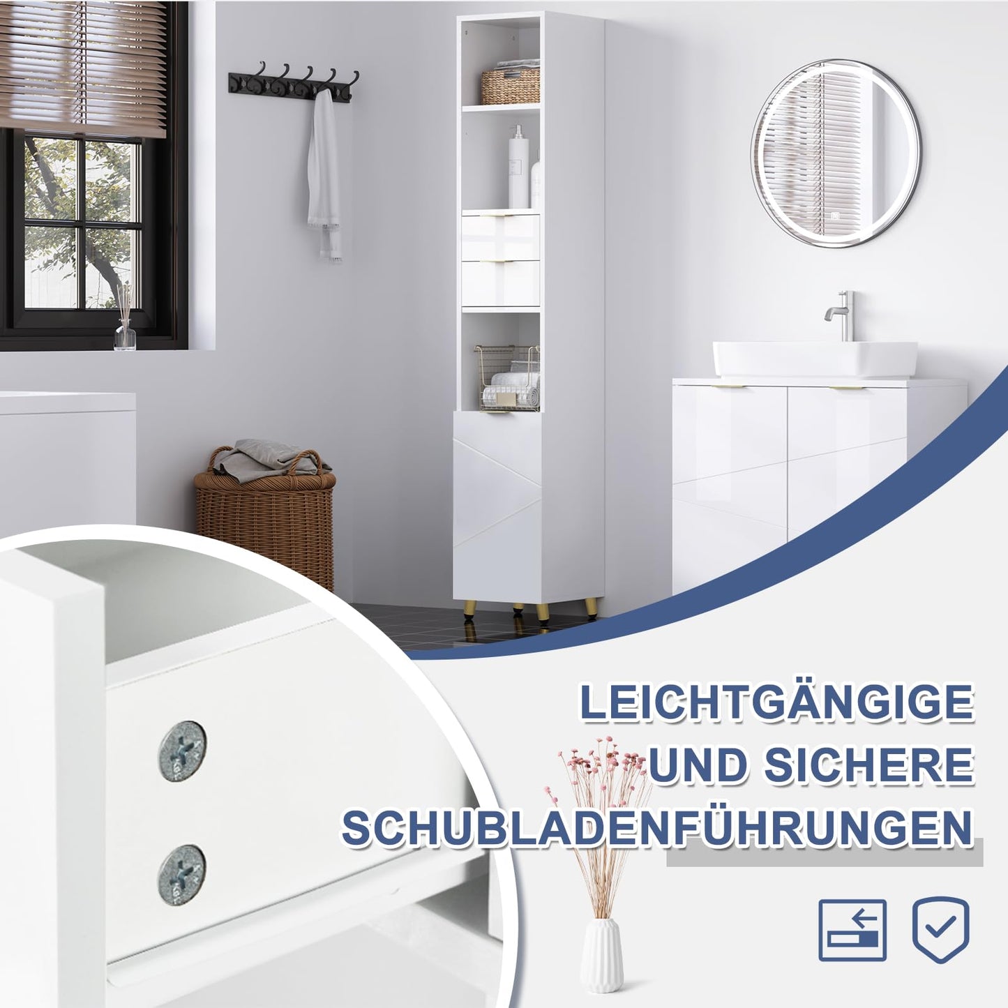 EUGAD badkamer hoge kast - hoogglans wit - vrijstaand - 30 x 160 x 28,5 cm