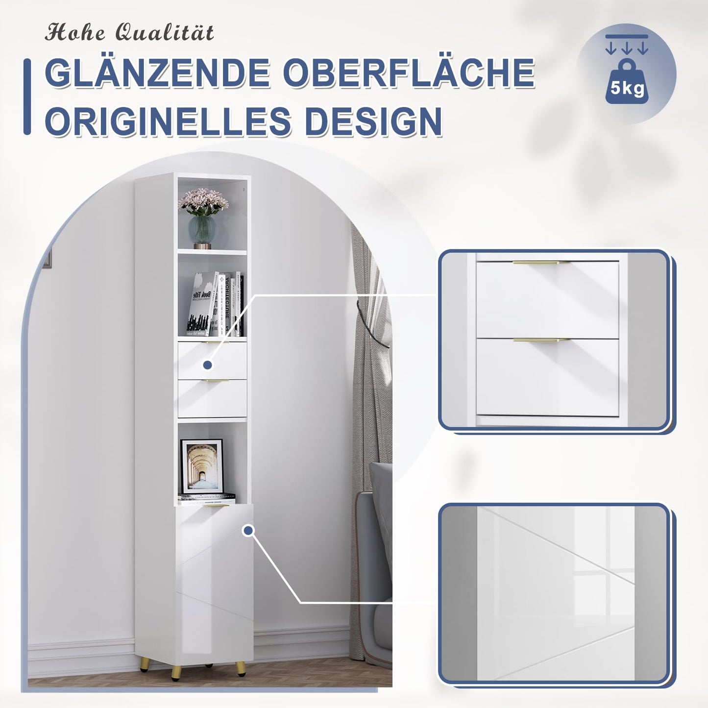 EUGAD badkamer hoge kast - hoogglans wit - vrijstaand - 30 x 160 x 28,5 cm