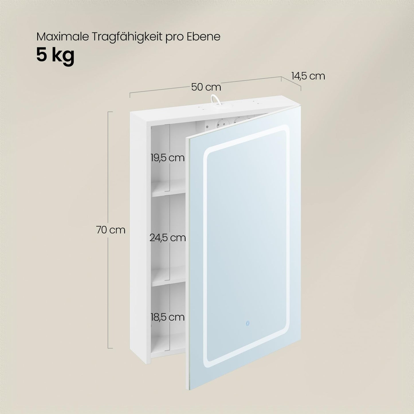EUGAD badkamer spiegelkast - 1 spiegeldeur - 3 kleurtemperaturen - met stopcontact - wit - 50 x 70 x 14,5 cm