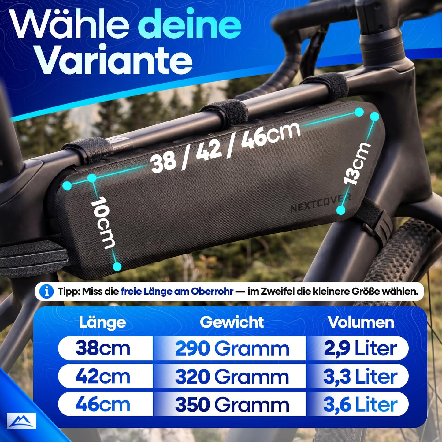 Nextcover Bikepacking fiets frame tas 42 cm - 100% waterdicht AquaShield TPU - down tube tas voor gravel bike, racefiets en MTB