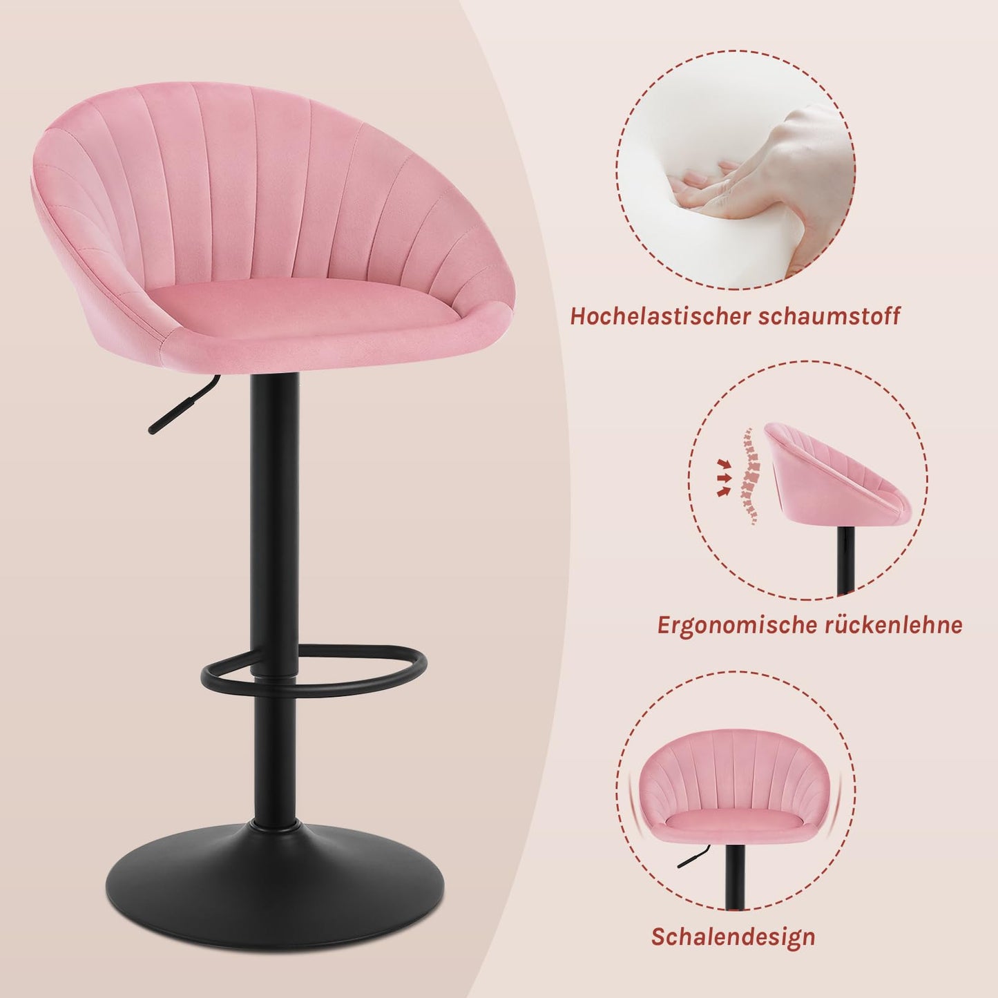 WOLTU BH428rs-1 barkruk - hoogte verstelbaar en draaibaar - velvet roze - met rugleuning - max 150 kg