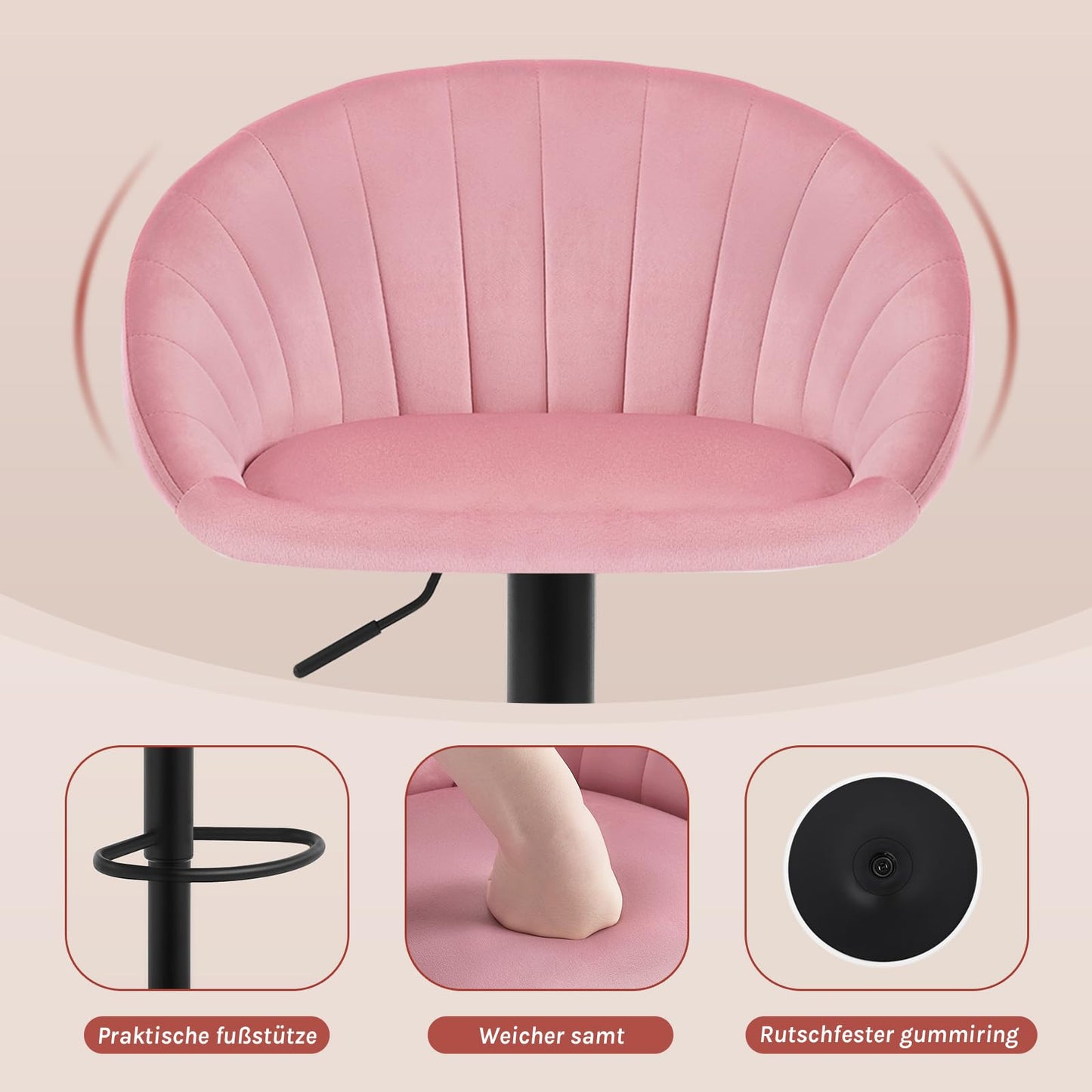 WOLTU BH428rs-1 barkruk - hoogte verstelbaar en draaibaar - velvet roze - met rugleuning - max 150 kg
