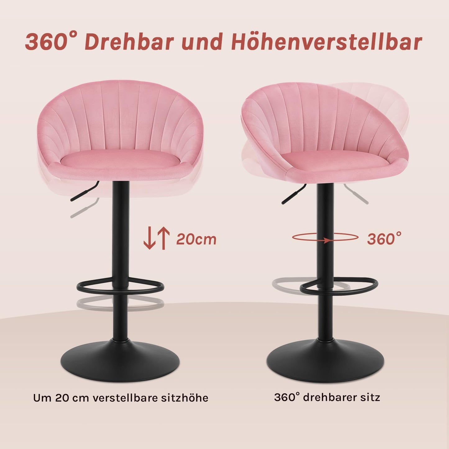 WOLTU BH428rs-1 barkruk - hoogte verstelbaar en draaibaar - velvet roze - met rugleuning - max 150 kg
