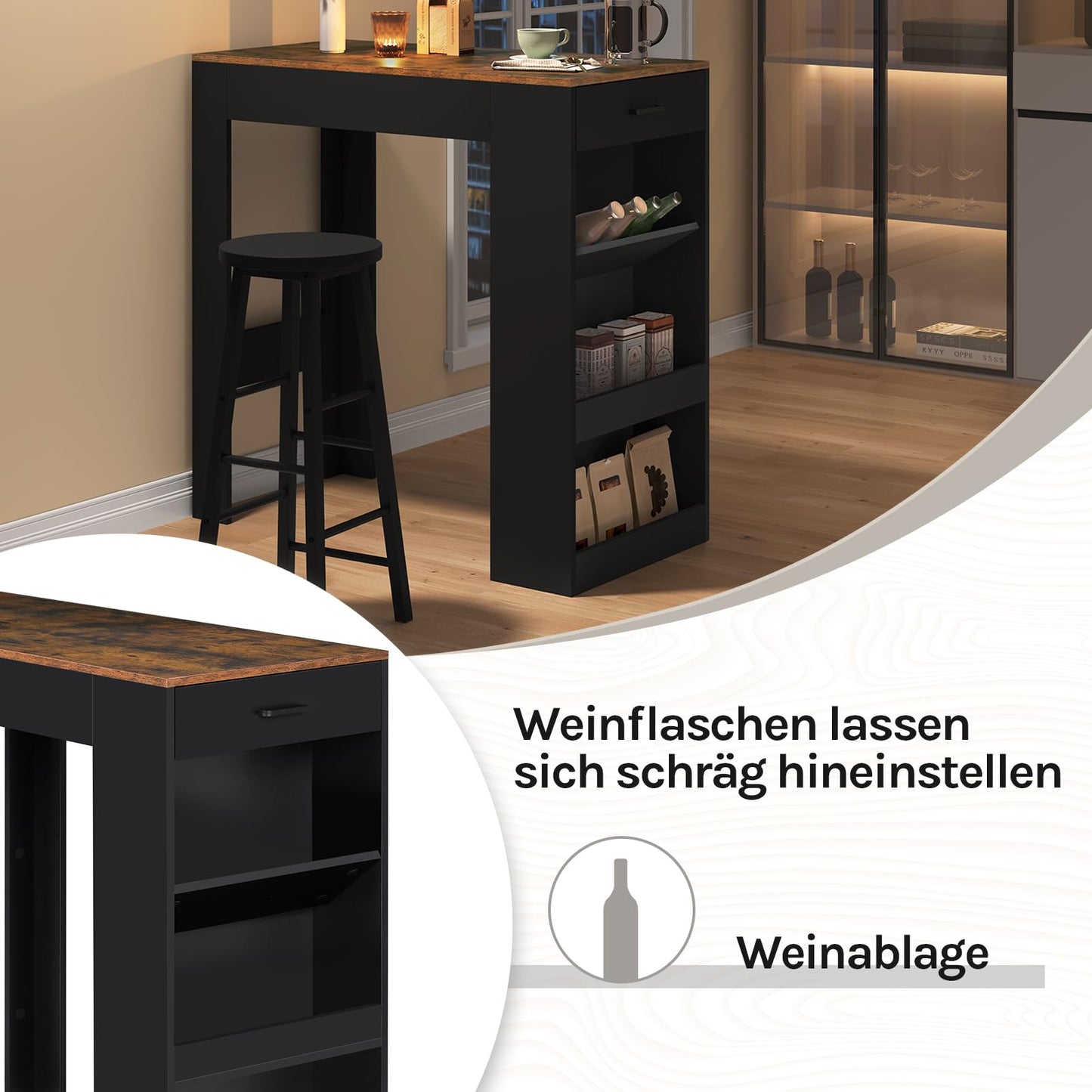 WOLTU bartafel - statafel met lade, 3 planken en wijnrek - rustiek bruin met zwart - 100 x 50 x 100 cm