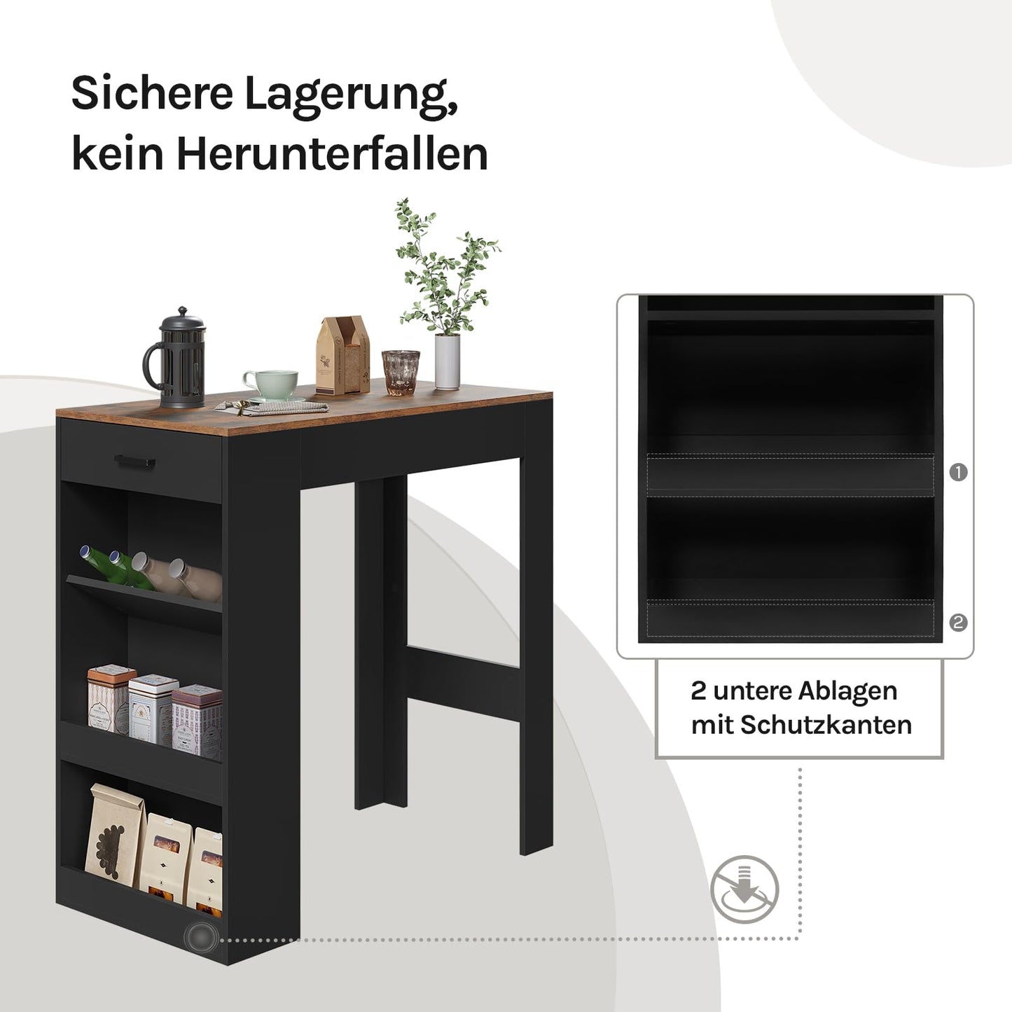 WOLTU bartafel - statafel met lade, 3 planken en wijnrek - rustiek bruin met zwart - 100 x 50 x 100 cm