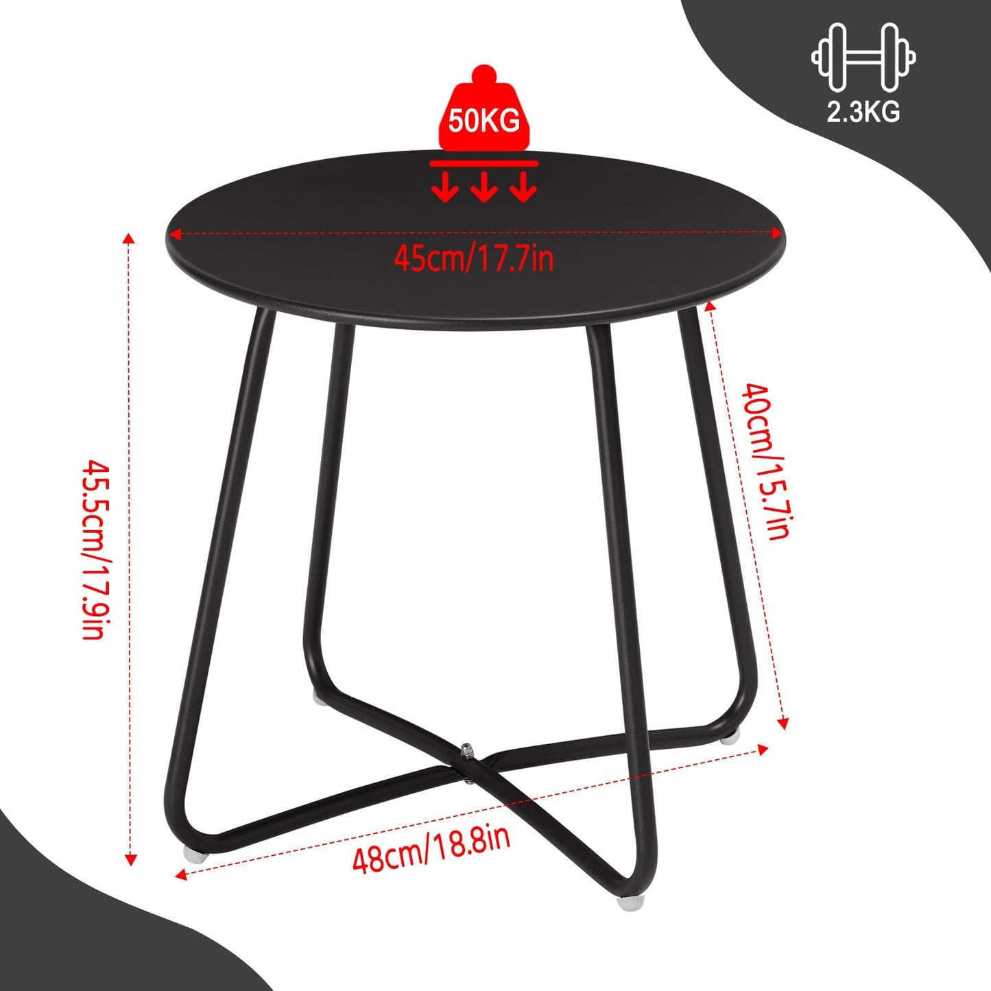 eSituro ronde bijzettafel - metalen balkon en tuintafel - zwart - dia 45 cm, hoogte 45 cm