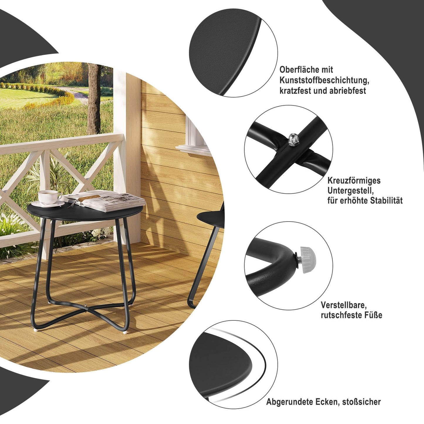 eSituro ronde bijzettafel - metalen balkon en tuintafel - zwart - dia 45 cm, hoogte 45 cm