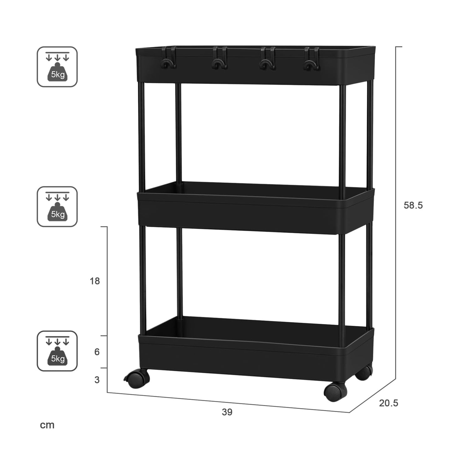Klihome serveerwagen - 3 lagen trolley op wielen - met 4 haken en 2 remmen - zwart kunststof en metaal
