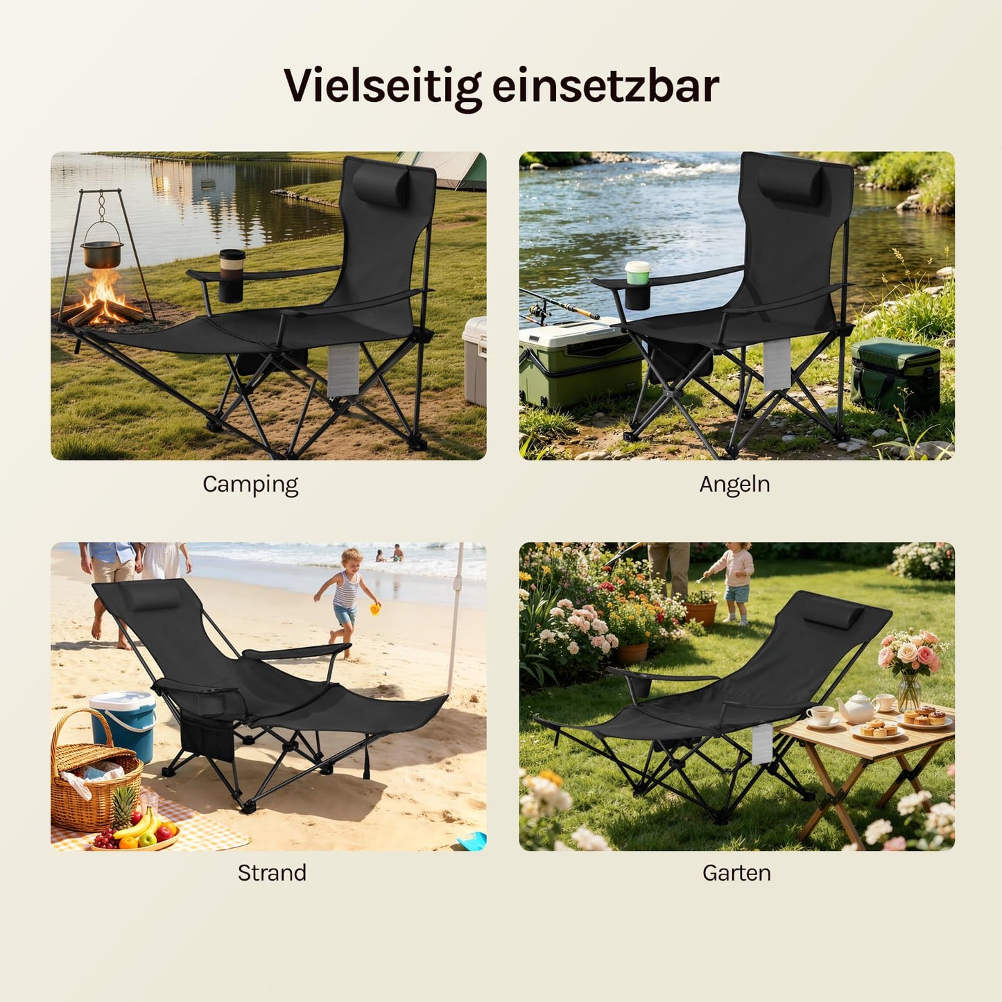WOLTU 2-in-1 campingstoel set 2 stuks - inklapbare visstoel met voetensteun - bekerhouder - grijs zwart blauw