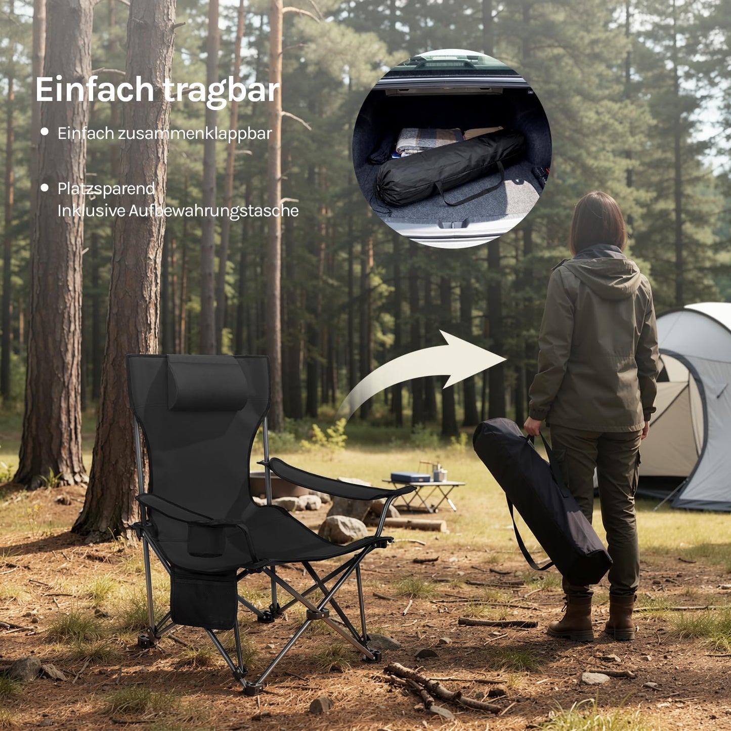 WOLTU 2-in-1 campingstoel set 2 stuks - inklapbare visstoel met voetensteun - bekerhouder - grijs zwart blauw