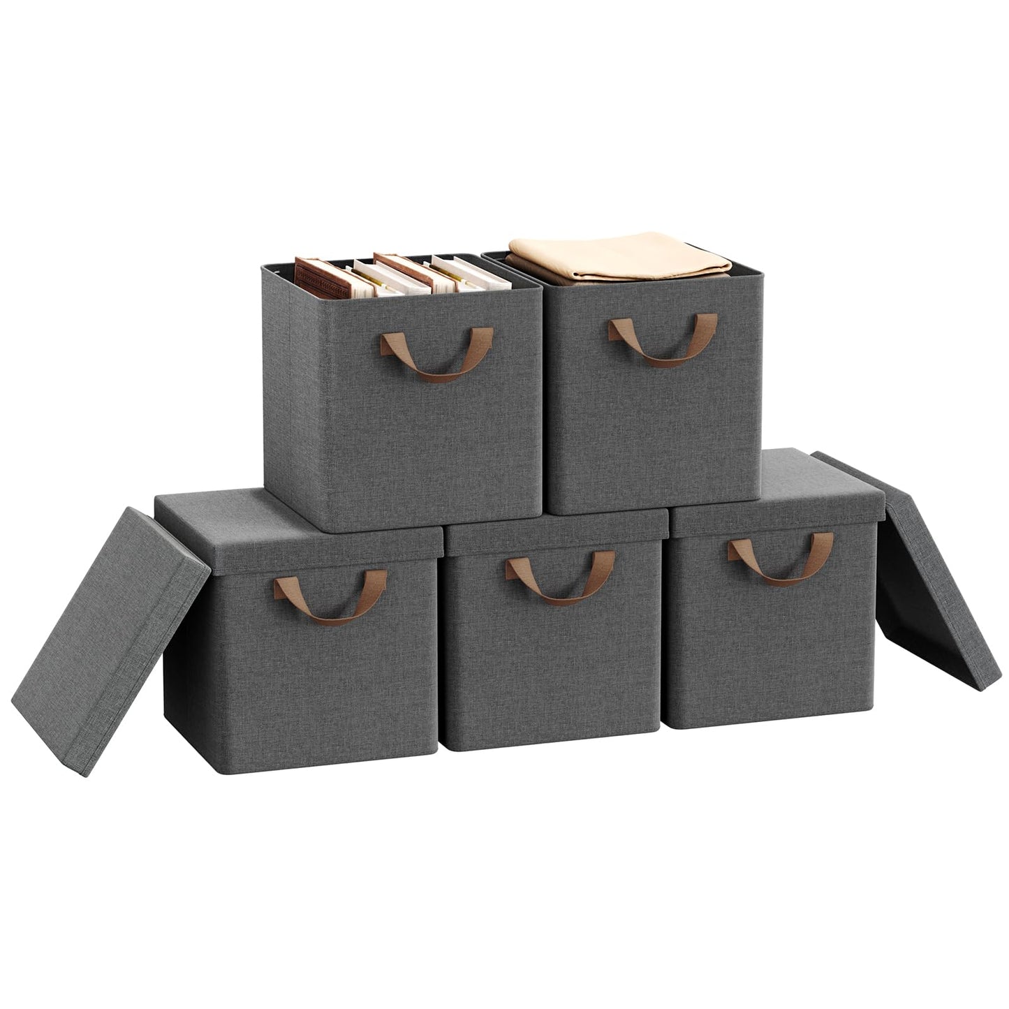 WOLTU opvouwbare opbergboxen set 5 stuks - stoffen opbergkubus met deksel en metalen frame - grijs 27x27x27 cm