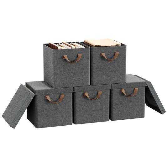 WOLTU opvouwbare opbergboxen set 5 stuks - stoffen opbergkubus met deksel en metalen frame - grijs 27x27x27 cm