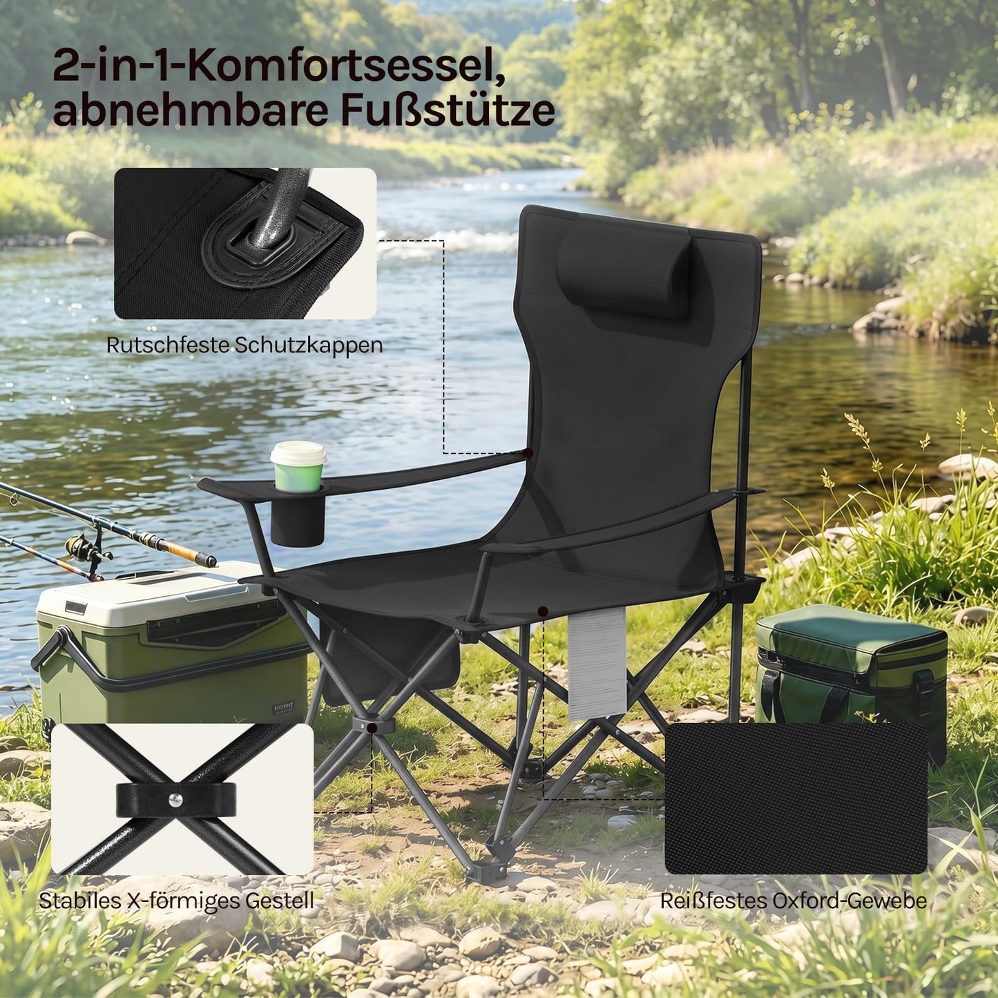 WOLTU 2-in-1 campingstoel set 2 stuks - inklapbare visstoel met voetensteun - bekerhouder - grijs zwart blauw