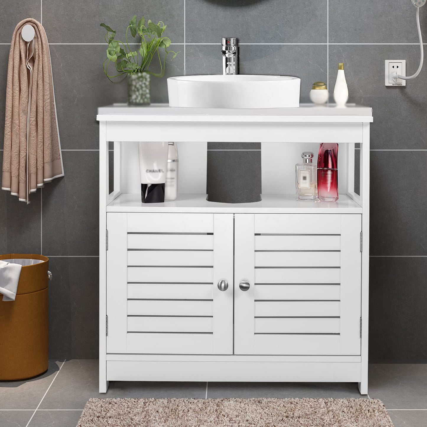 eSituro SBP0023 onder wastafel kast - 2 deuren - MDF wit - 60 x 60 x 30 cm - landelijke stijl