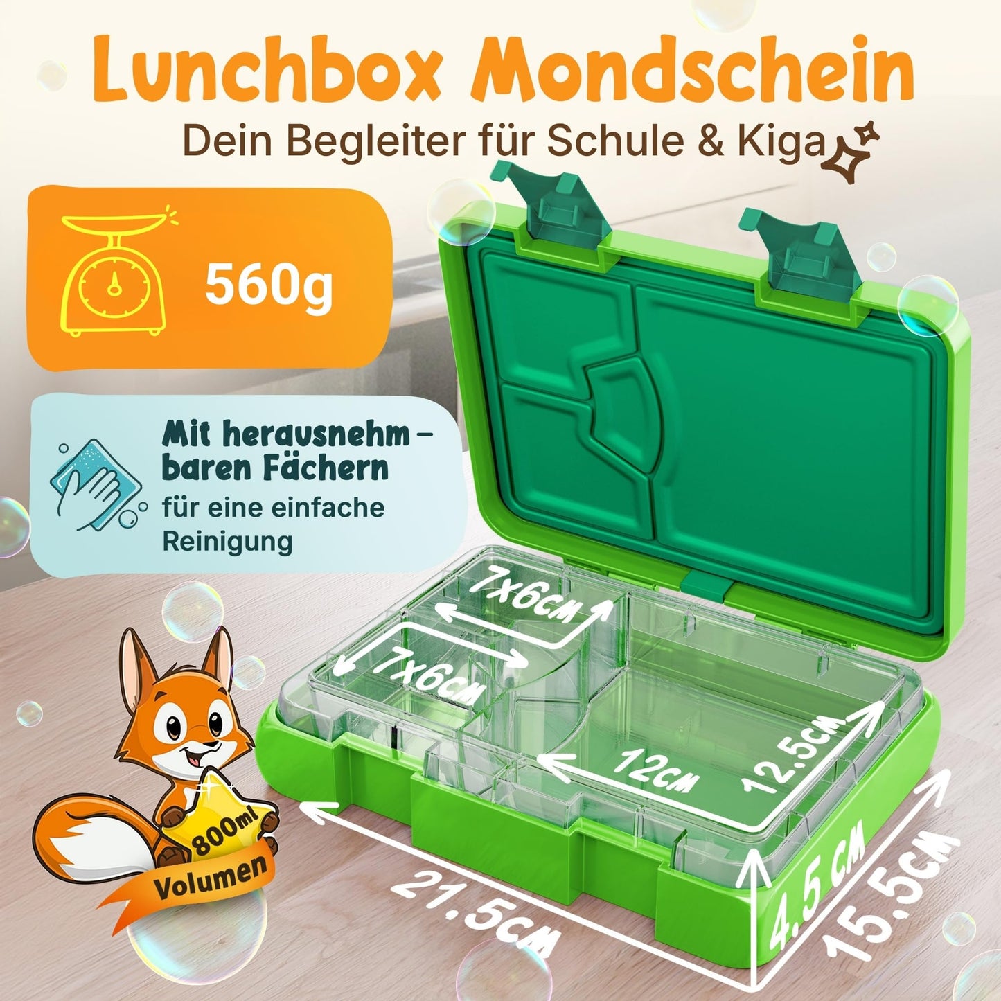 Funkelfuchs® - Lunchbox kinderen met vakverdeling - 800ml, groen - Lunchbox maanlicht, groot - Snackbox, snackbox, broodtrommel, maaltijdbox, bentobox kinderen - voor school, crèche en kinderdagverblijf