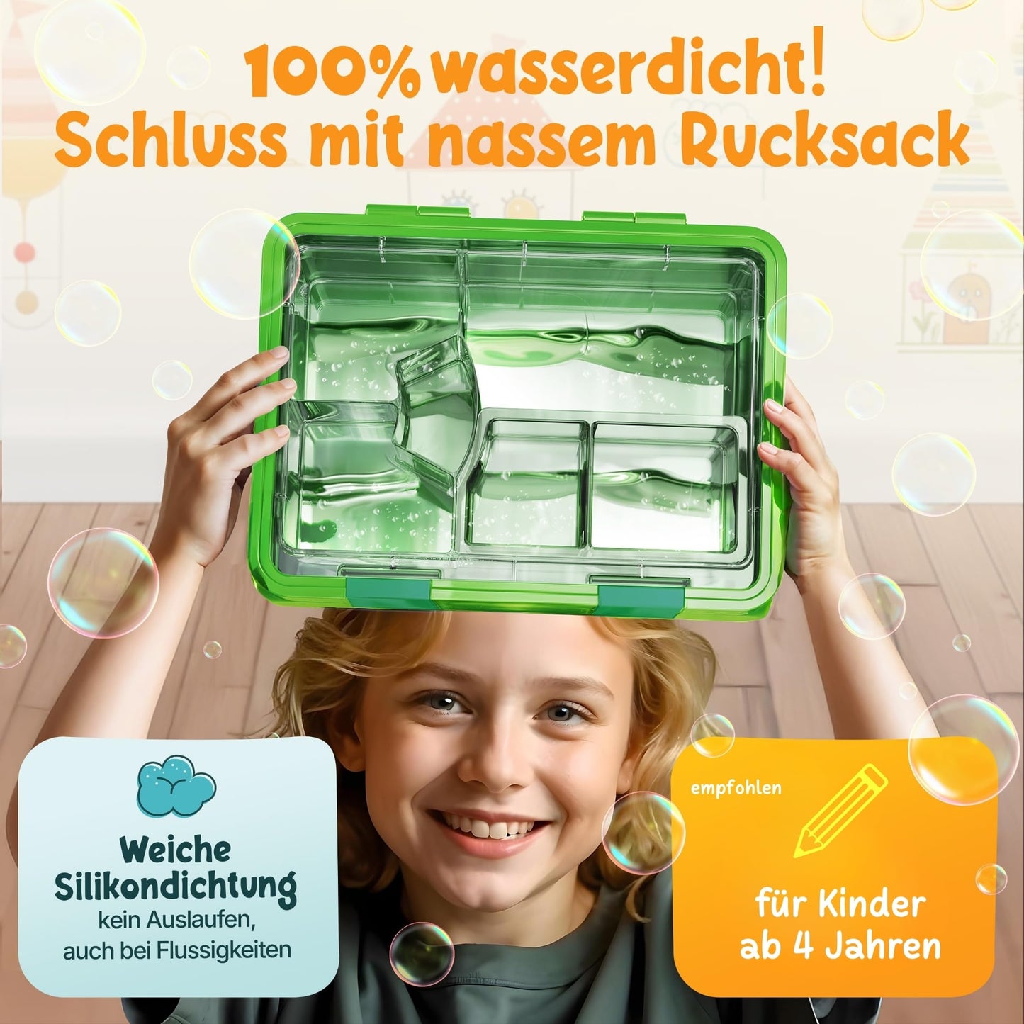 Funkelfuchs® - Lunchbox kinderen met vakverdeling - 800ml, groen - Lunchbox maanlicht, groot - Snackbox, snackbox, broodtrommel, maaltijdbox, bentobox kinderen - voor school, crèche en kinderdagverblijf