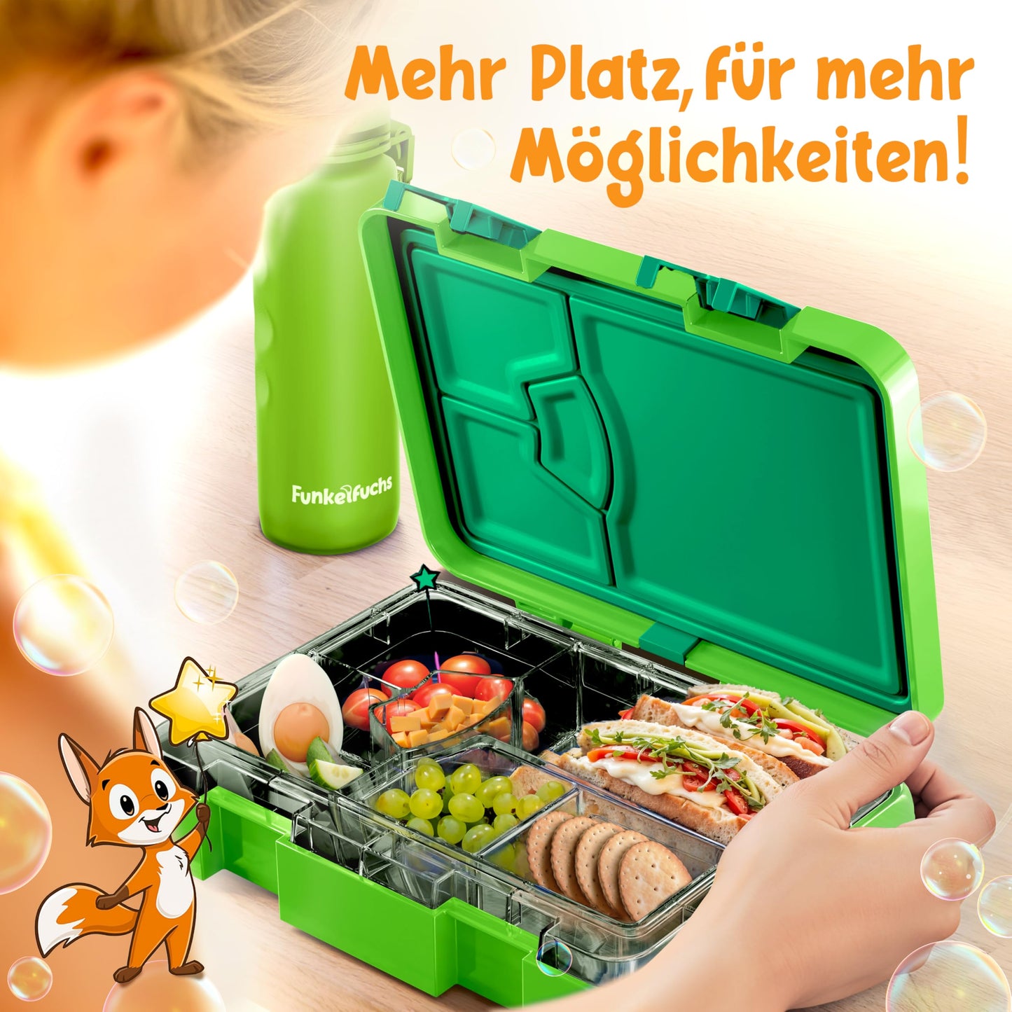 Funkelfuchs® - Lunchbox kinderen met vakverdeling - 800ml, groen - Lunchbox maanlicht, groot - Snackbox, snackbox, broodtrommel, maaltijdbox, bentobox kinderen - voor school, crèche en kinderdagverblijf