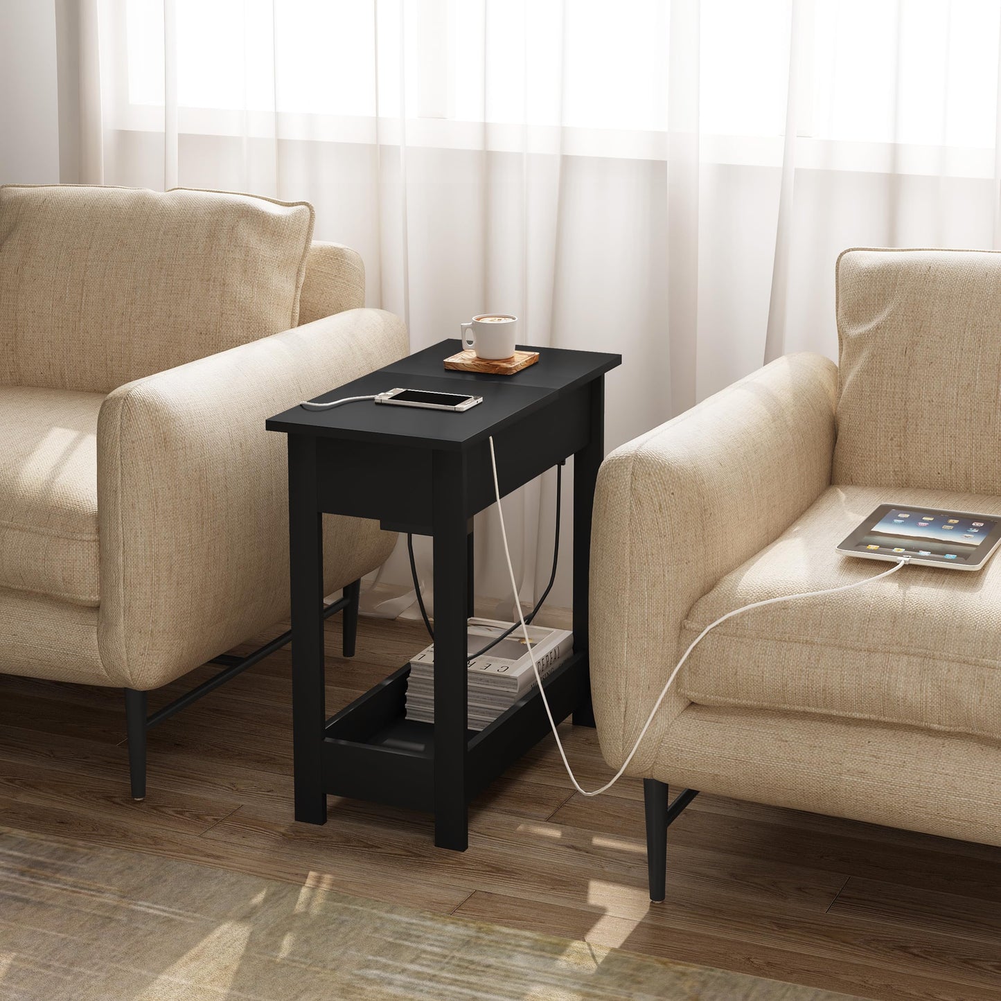 EUGAD 0002CHJ bijzettafel met stopcontact - inklapbaar tafelblad - 3 opbergplanken - zwart