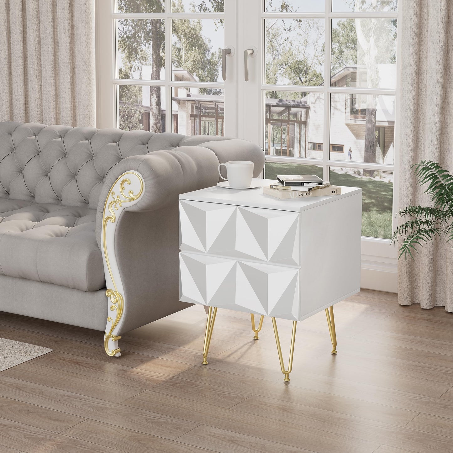 EUGAD nachtkastje met 2 lades - 3D front - wit en goud - MDF en metalen poten - 40 x 53 x 40 cm