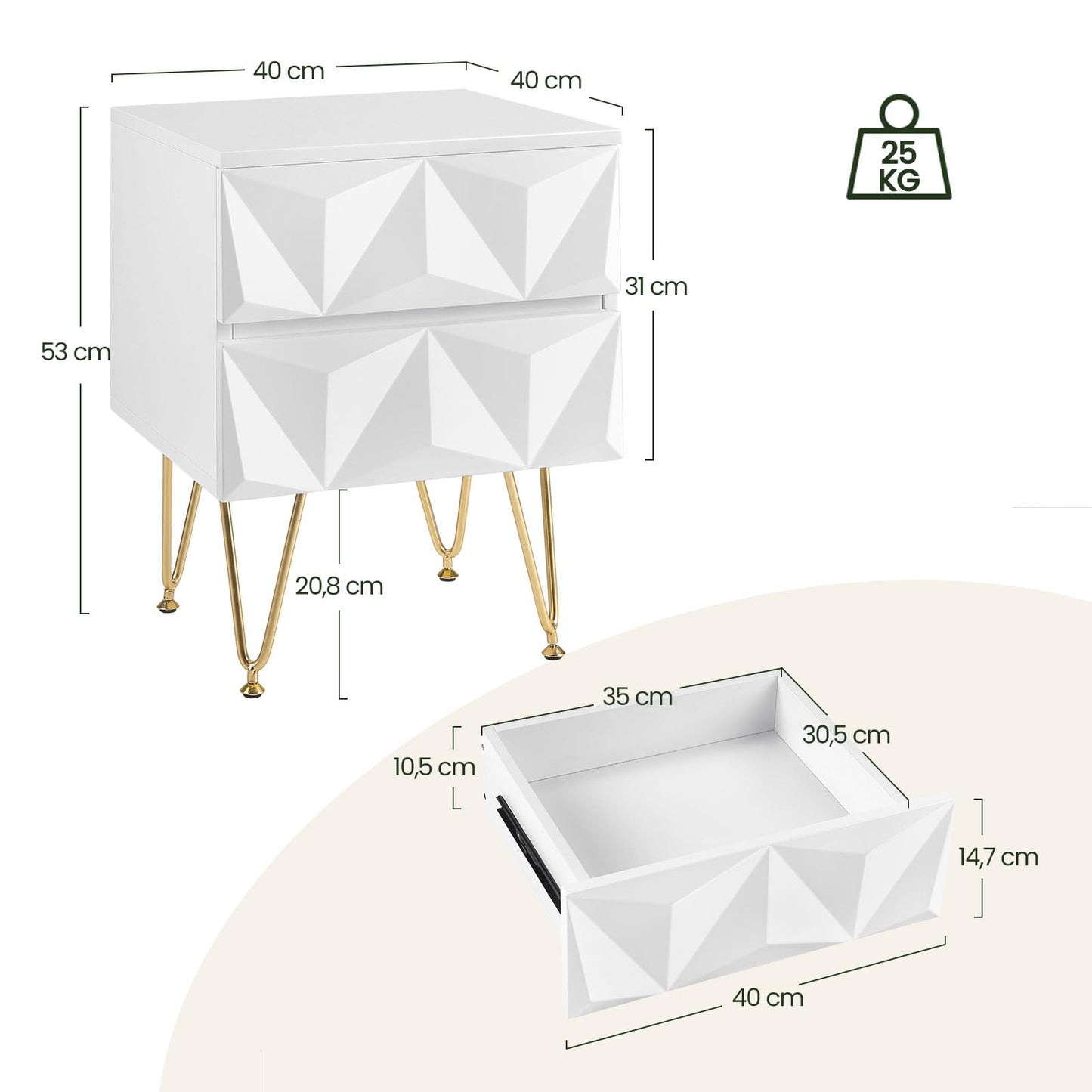 EUGAD nachtkastje met 2 lades - 3D front - wit en goud - MDF en metalen poten - 40 x 53 x 40 cm