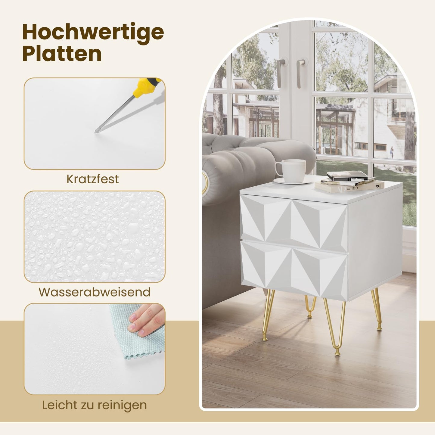 EUGAD nachtkastje met 2 lades - 3D front - wit en goud - MDF en metalen poten - 40 x 53 x 40 cm
