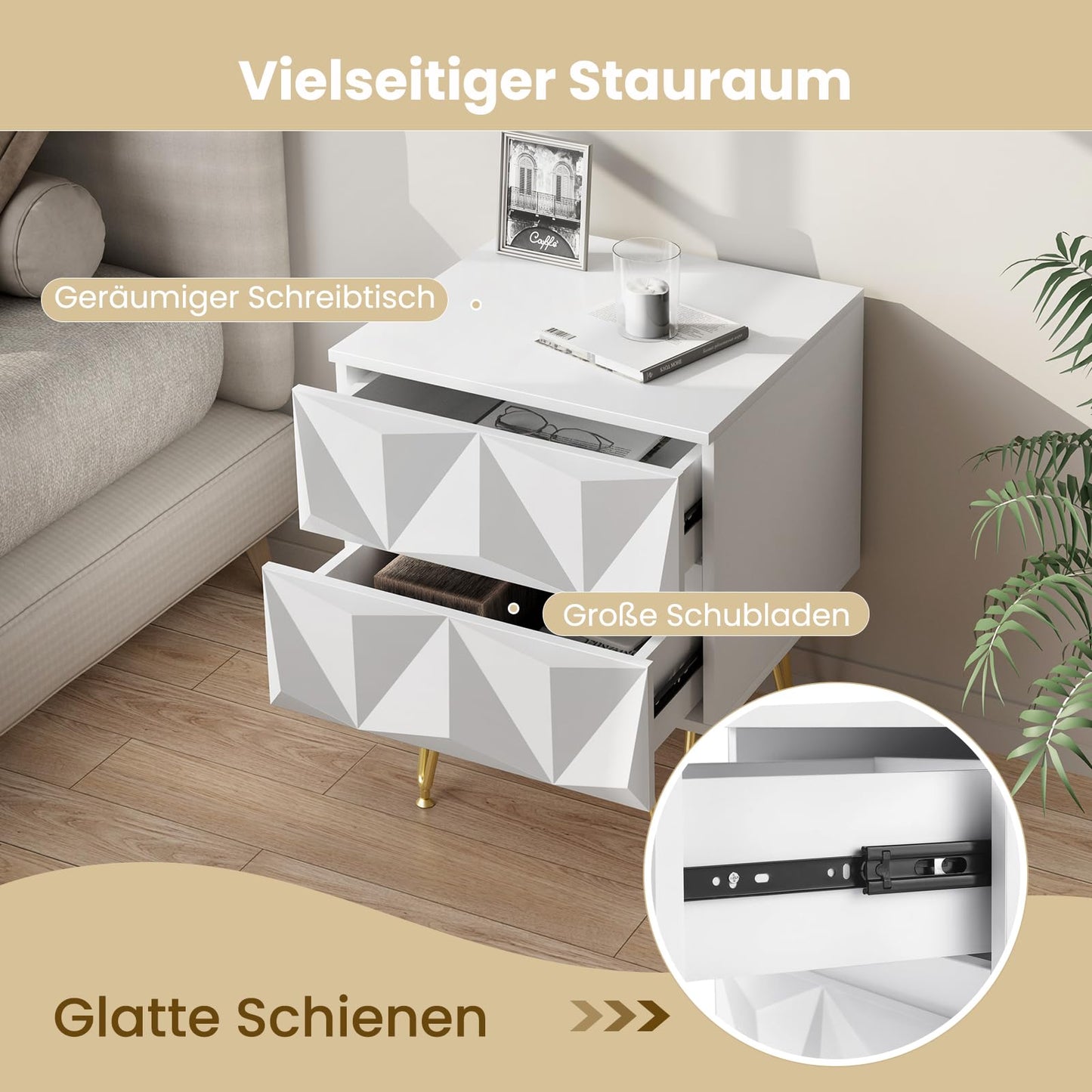 EUGAD nachtkastje met 2 lades - 3D front - wit en goud - MDF en metalen poten - 40 x 53 x 40 cm