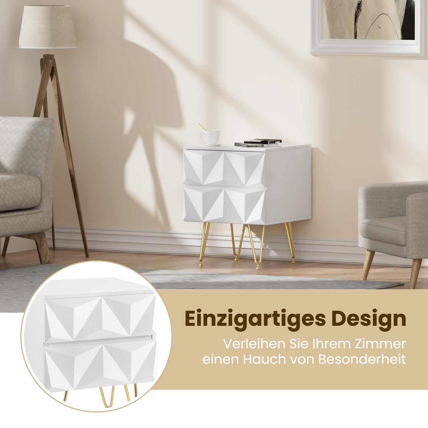 EUGAD nachtkastje met 2 lades - 3D front - wit en goud - MDF en metalen poten - 40 x 53 x 40 cm