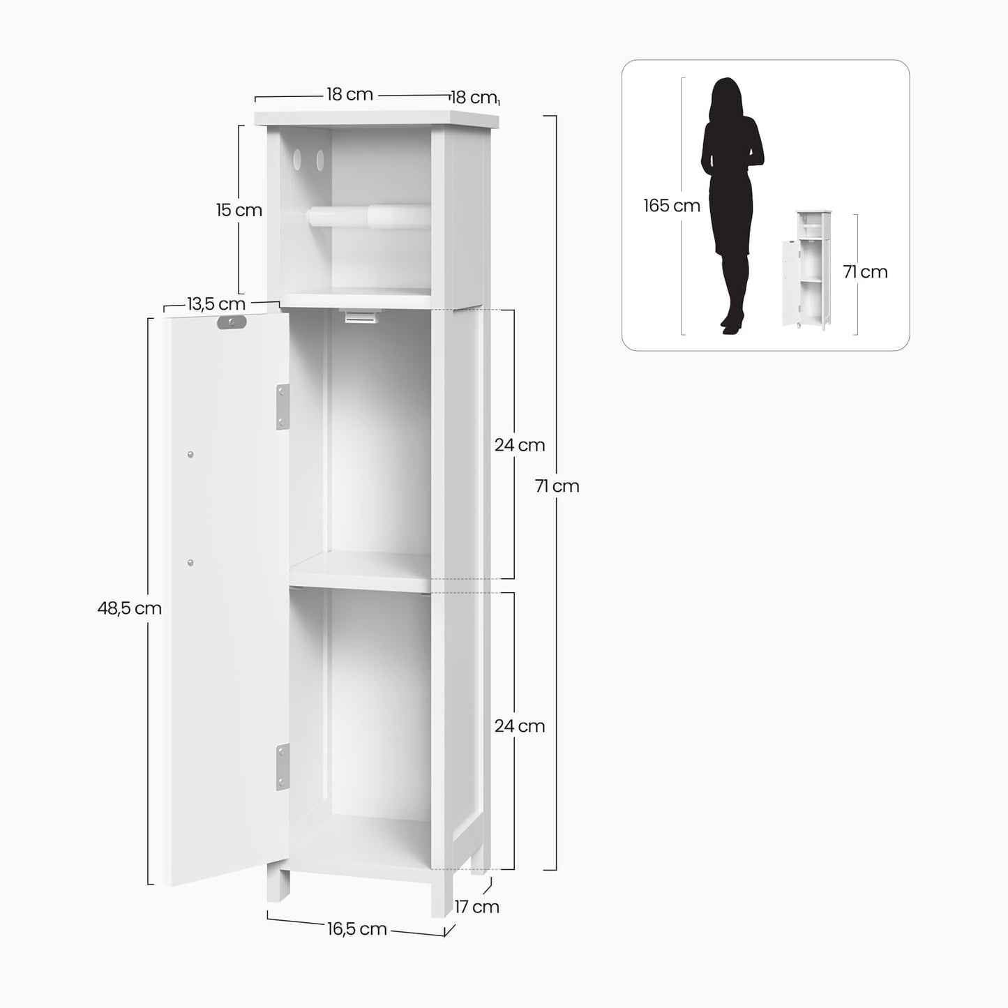 EUGAD 0229WY toilet kast badkamer kast - smal wit - verstelbare plank en toilet papier houder