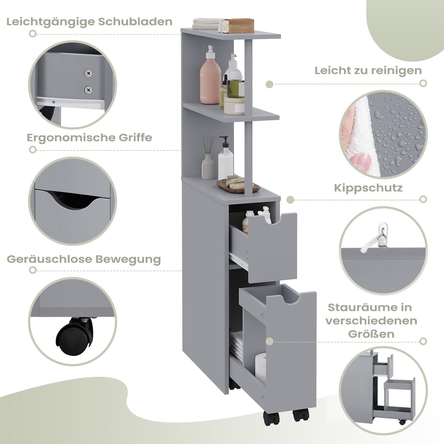 EUGAD smalle badkamerkast - inbouwkast met lade op geleiders en open vakken - multifunctionele opbergkast lichtgrijs