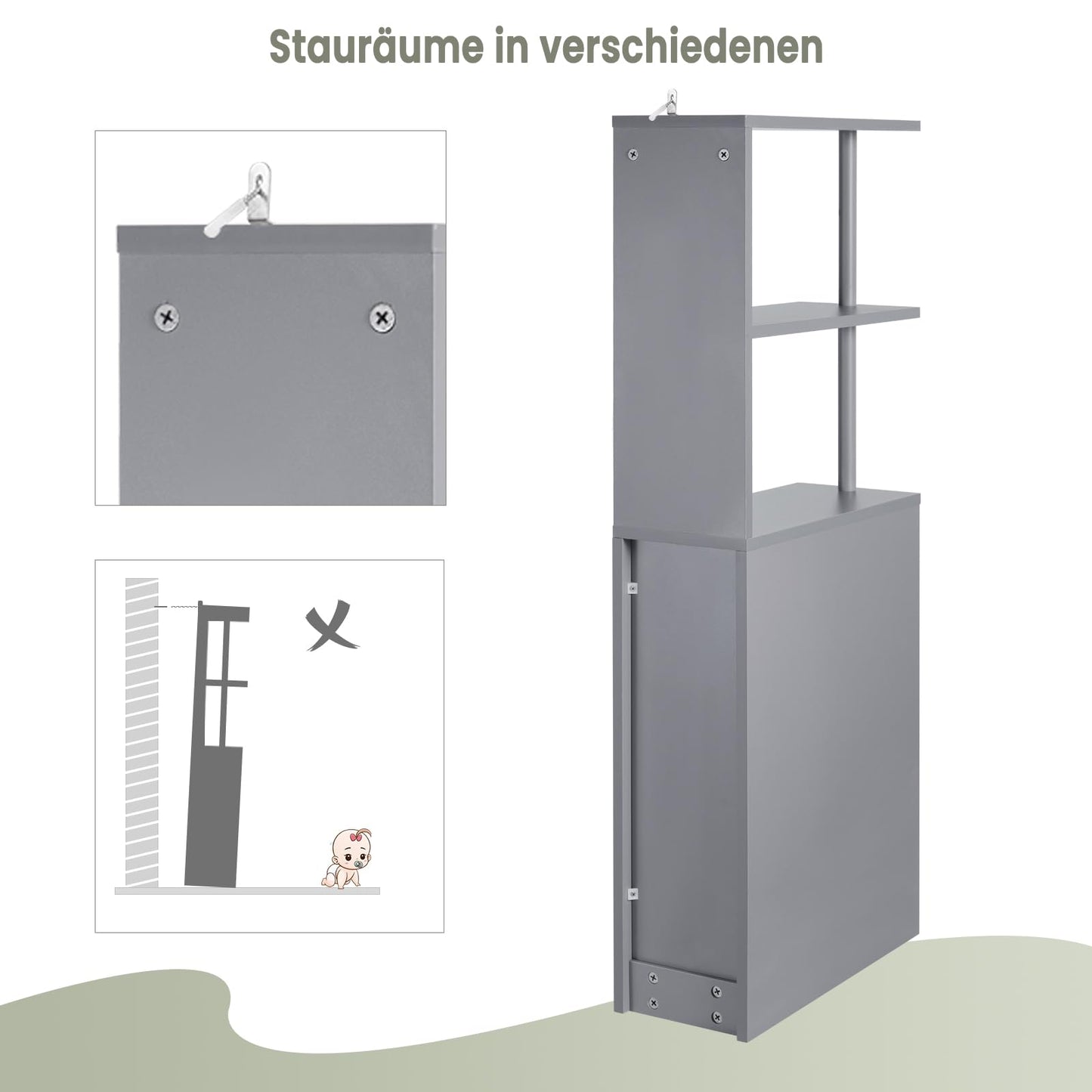 EUGAD smalle badkamerkast - inbouwkast met lade op geleiders en open vakken - multifunctionele opbergkast lichtgrijs