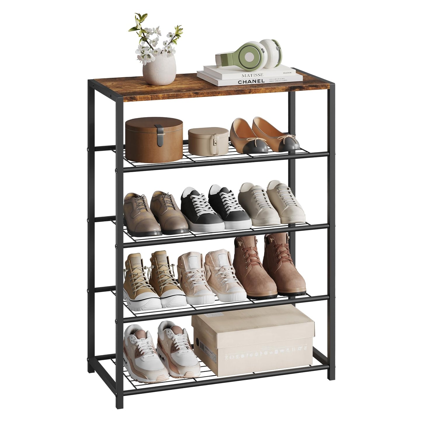WOLTU - schoenenbank - schoenenrek met zitvlak - 4 planken - hout en metaal - voor ca. 12 paar schoenen