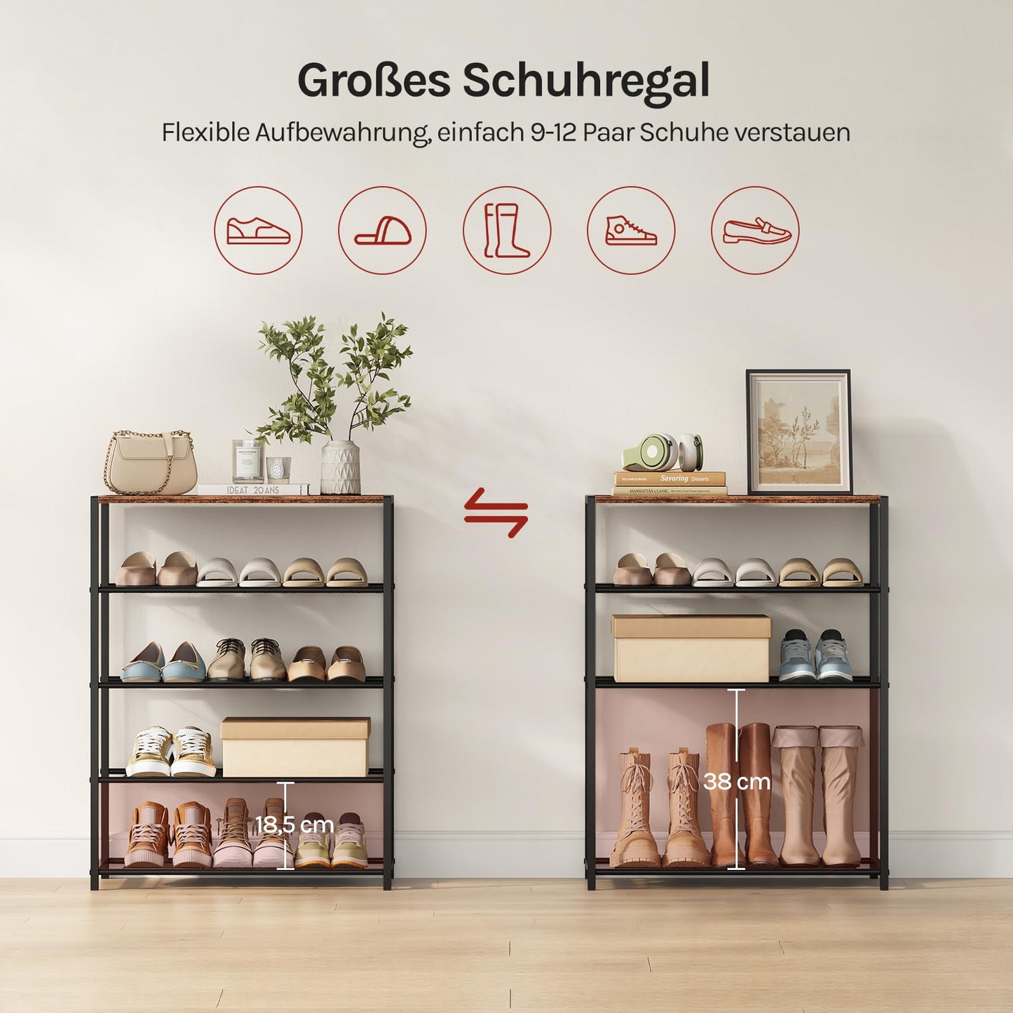 WOLTU - schoenenbank - schoenenrek met zitvlak - 4 planken - hout en metaal - voor ca. 12 paar schoenen