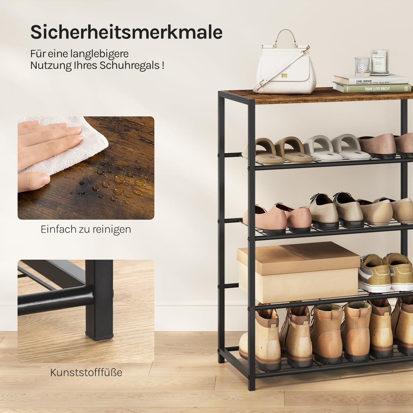 WOLTU - schoenenbank - schoenenrek met zitvlak - 4 planken - hout en metaal - voor ca. 12 paar schoenen