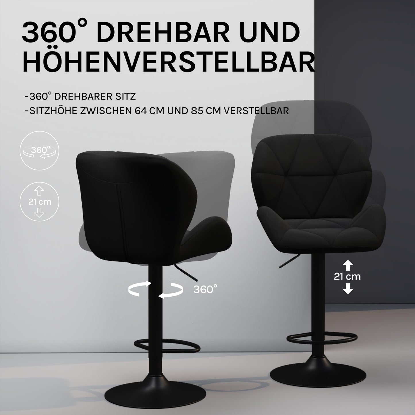 Woltu Barkruk - Rugleuning - Verstelbaar - Draaibaar - Fluweel - Metaal - Zwart