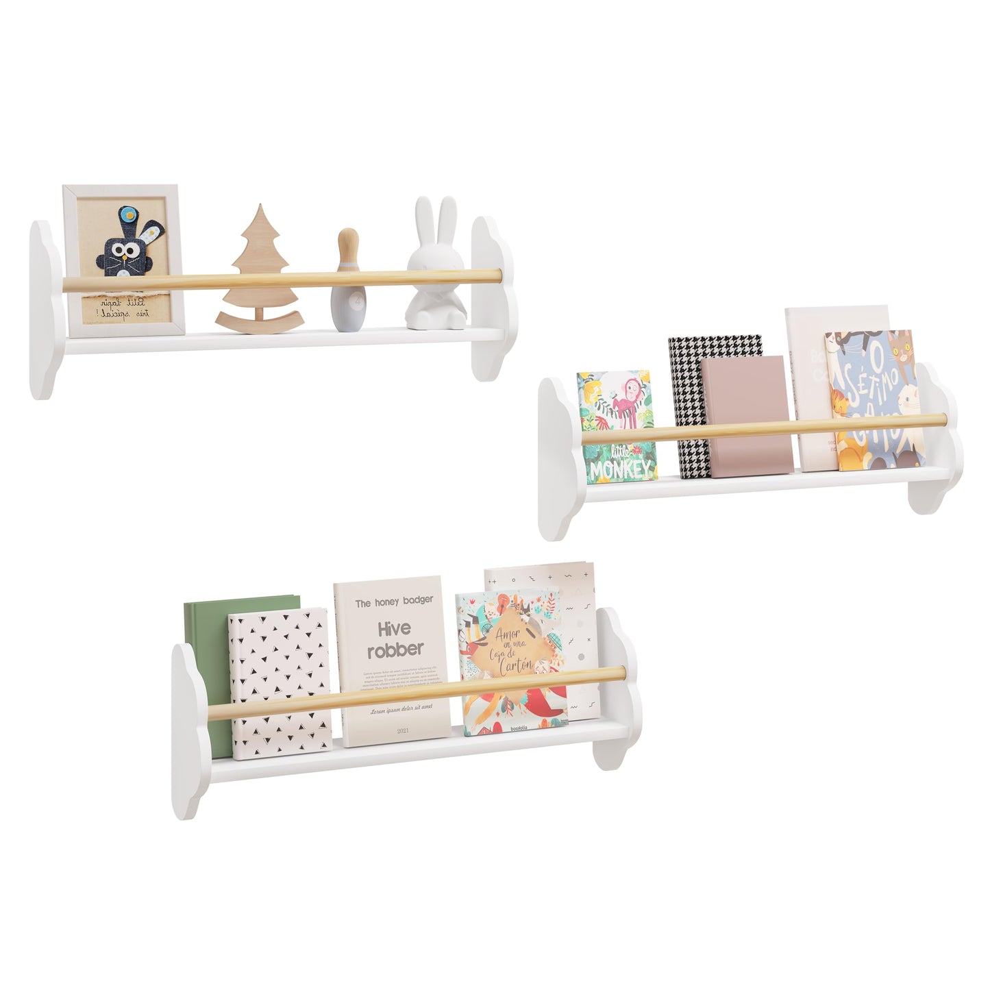 Woltu Wandboekenkast - Wolk Serie - 3 Delig - Voor Kinderen - MDF en Grenen - Wit