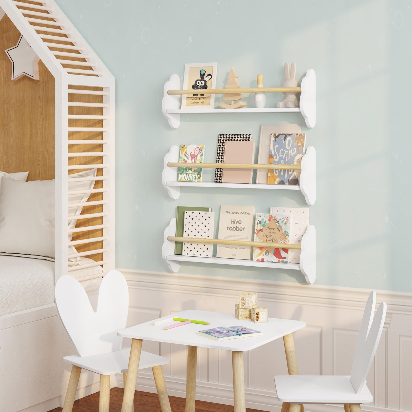 Woltu Wandboekenkast - Wolk Serie - 3 Delig - Voor Kinderen - MDF en Grenen - Wit